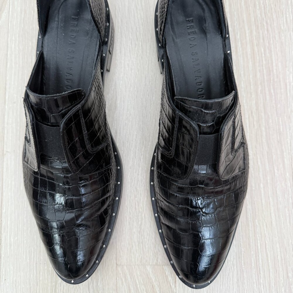 Freda Salvador Women's Croc Embossed D'Orsay Loafers in black, Size 8.5